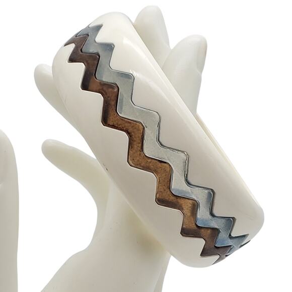 Acrylic Puzzle Bangles Zig Zag Bracelet Blue Brown Off White Wavy Interlocking - Picture 3 of 12